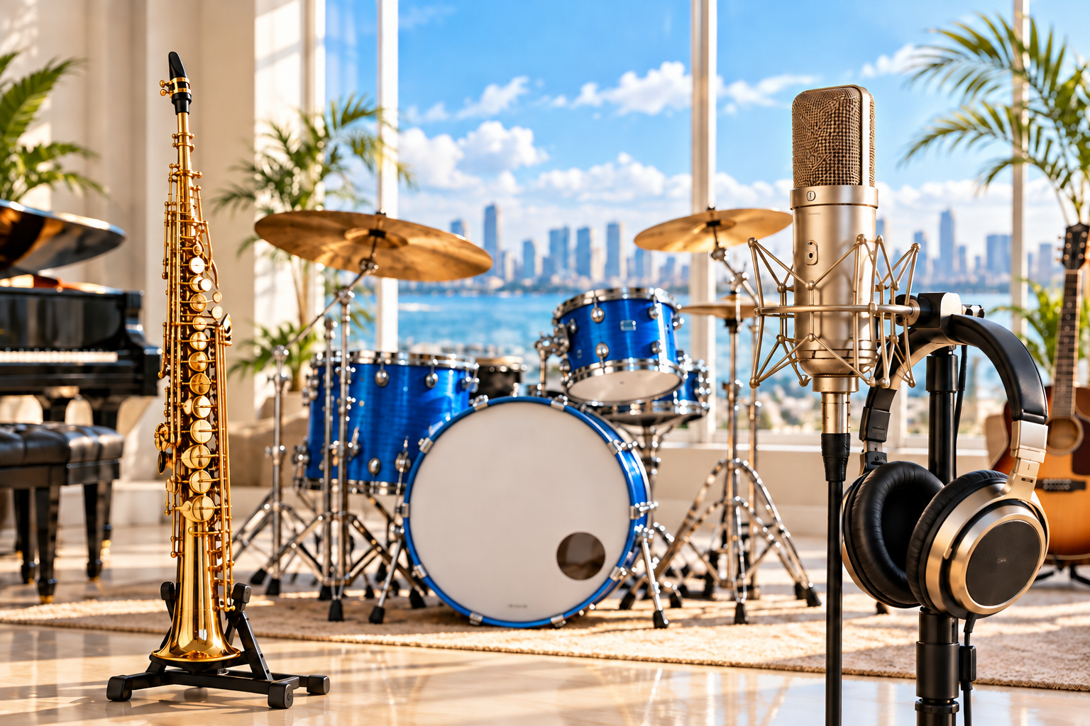 Illustrative music studio with a straight soprano saxophone, drums and microphone